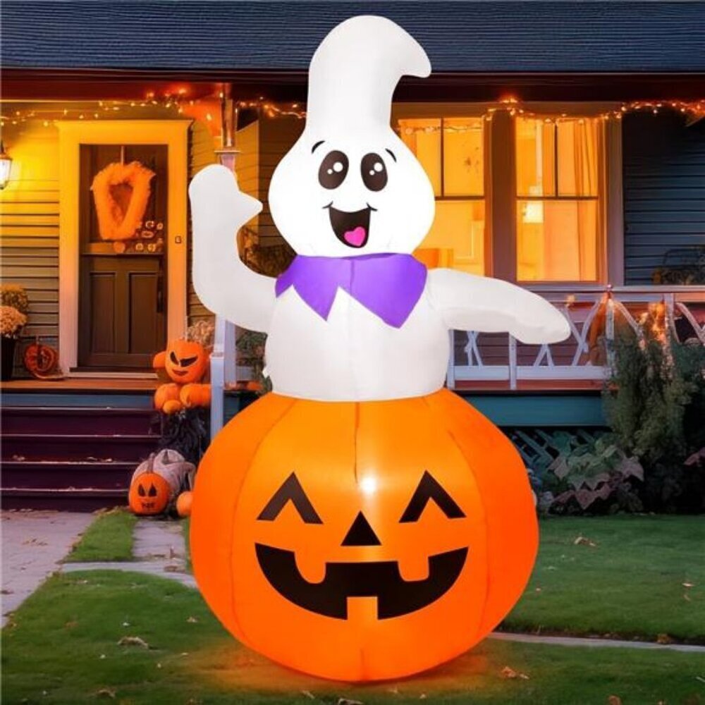 Cute 5 FT Pumpkin Ghost Inflatable Outdoor Halloween Decoration